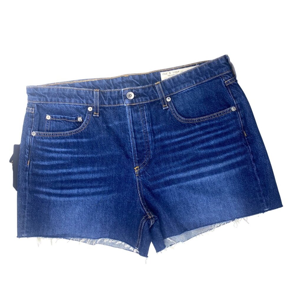 Rag & Bone Blue Denim Dre Low-Rise Frayed Hem Button Fly Shorts $165 Size 32 NEW